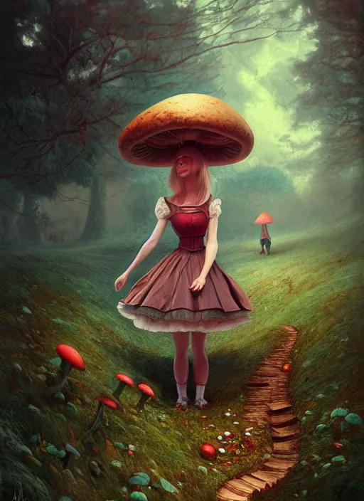 Prompt: alice in wonderland mushrooms detailed clothing, half body shot, arms down, path traced, highly detailed, high quality, digital painting, alena aenami, arnold bocklin, tom bagshaw