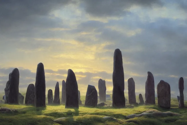 Image similar to circle of standing stones at dawn, dramatic cinematic lighting, rich colors, by William Dyce and ford madox brown and April Gornik and Caspar David Friedrich and Diego Rivera and Tyler Edlin, featured on artstation
