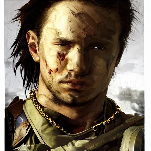 Image similar to portrait of a young white hero using his right arm to hold his sword covering his eye by yoji shinkawa, high quality, extra details, realism, ornate, colored, golden chain, blood, white skin, short hair, brown eyes, vivid, sunlight, american man, freedom, white american soldier, painting, cybernetics, military