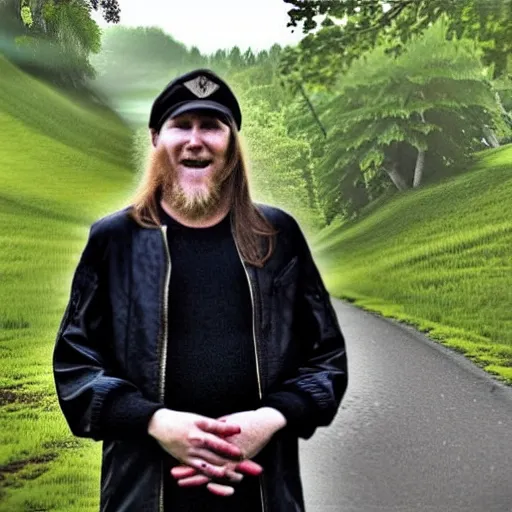 Prompt: varg vikernes smiling at the camera with mothman flying in the distance, photograph