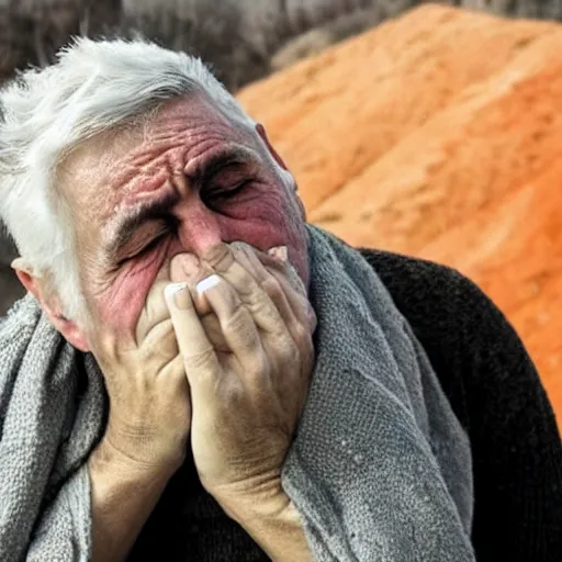 Image similar to biblical God , white grey hair , orange scarf , old man from the sky, is crying in tears and is very sad and sorrow , after creating humans