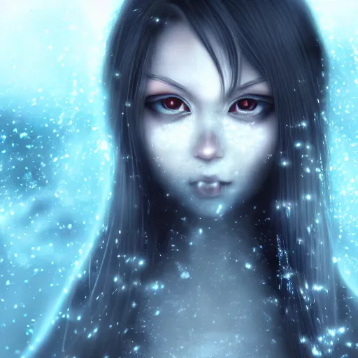 Prompt: photorealistic full body shot of masterpiece angry darkness android anime girl, beautifull lovely eyes, electric aura with particles, snowing frozen ice, darkness background, inspired by tim burton, detailed, unreal engine 4 k, volumetric light, fog