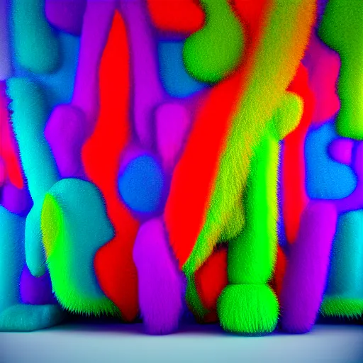 Image similar to : colorful abstract fuzzy sculpture art on the wall in modern architecture art studio soho new york, cinematic lighting, hyper - realistic, detailed, render by c 4 d octane, unreal engine, 8 k 3 d render