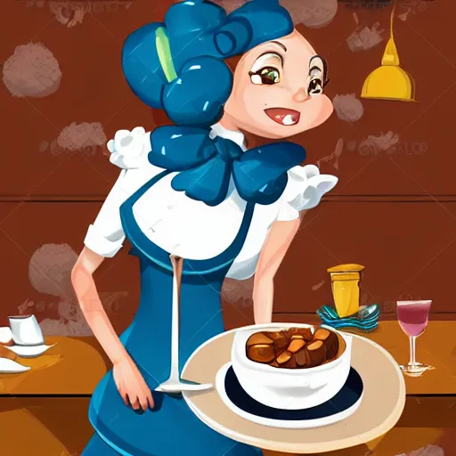 Image similar to beautiful female sheep anthropomorphic working as a waitress, cartoon, digital art, full character, high detail drawing