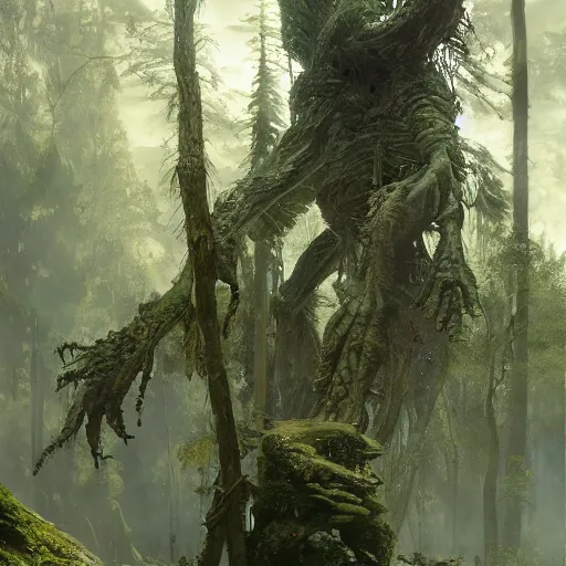 Prompt: a giant creature toweringover the forest, 8 k octane beautifully detailed render, post - processing, extremely hyper - detailed, intricate, epic composition, cinematic lighting, masterpiece, trending on artstation, masterpiece, stunning art by anders zorn, wonderful masterpiece by greg rutkowski, beautiful cinematic