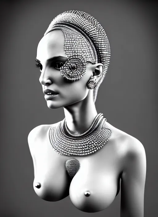 Image similar to bust of an absurdly beautiful, graceful, sophisticated, fashionable futuristic woman, facial piercings, natalie portman, heavy body modification, prosthetic implants, hyperdetailed by popovy sisters, intricate linework, white porcelain skin, faberge, intricate chrome headdress, dark atmosphere, unreal engine 5 highly rendered, global illumination, radiant light, detailed and intricate environment