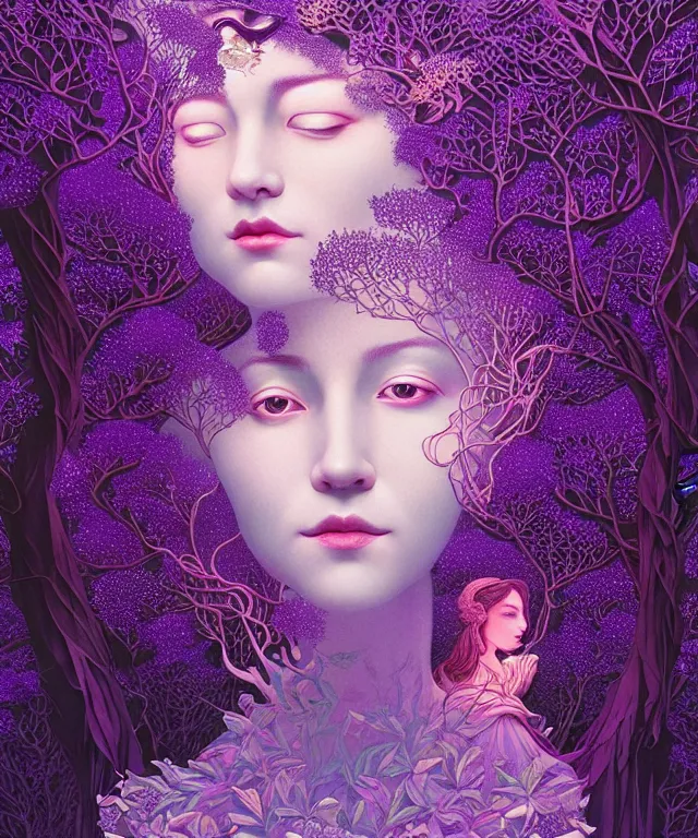 Prompt: ultra detailed, magical realism, portrait painting, of the beautiful empress within the enchanted purple forest, glowing purple, volumetric lighting, illusion, intricate details, by victo ngai