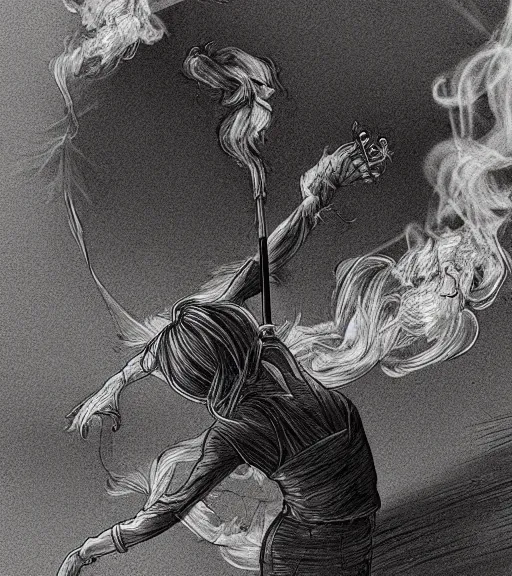 Image similar to Pen drawing a picture on an juggling club, dimly lit, wispy smoke, intricate, highly detailed, digital painting, artstation, concept art, sharp focus, illustration, art by einar jonsson