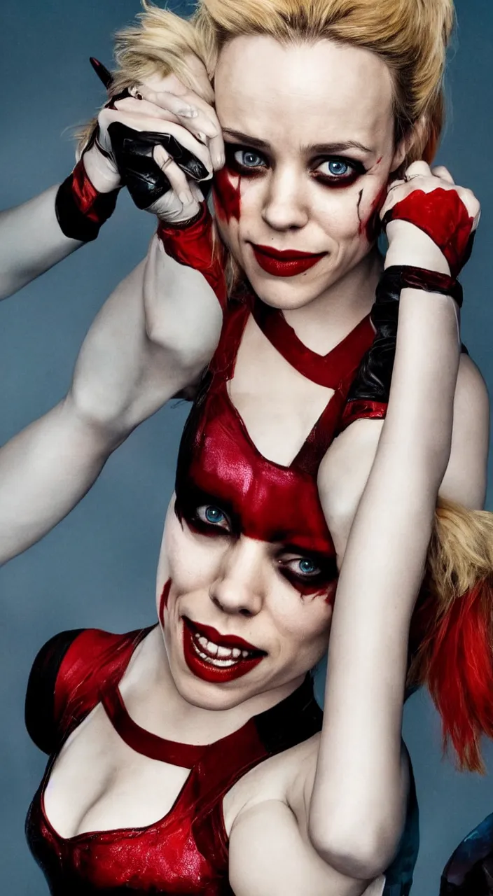 Image similar to Rachel McAdams as Harley Quinn, beautiful, portrait