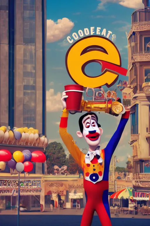 Image similar to portrait of a clown holding a cup of coffee with the circus in background, full body. pixar disney 4 k 3 d render funny animation movie oscar winning trending on artstation and behance. up movie style.