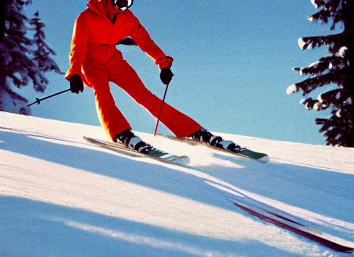 Prompt: a 2 8 mm macro kodachrome photo of one man skiing off a ski jump with snow bursting behind him in the swiss alps in the 1 9 5 0's, seen from a distance, bokeh, canon 5 0 mm, cinematic lighting, film, photography, golden hour, depth of field, award - winning