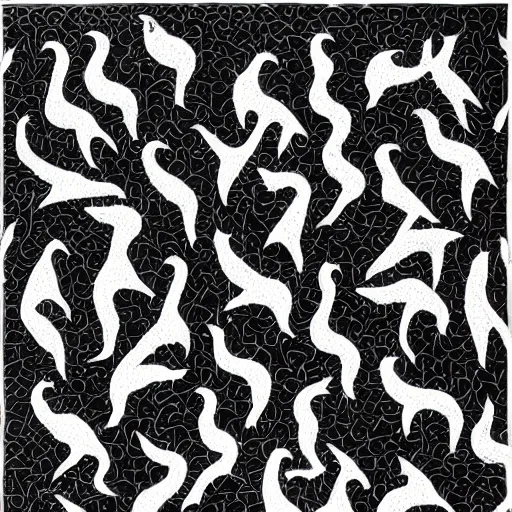 Image similar to a delicate pattern of white wolves transitioning into black geese by mc escher aerial view, black geese flying, white wolves, hexagonal pattern, crystallography, intricate details, ink shading, ink dots, mathematical interlocking, puzzle, screen print, lithography, frameless