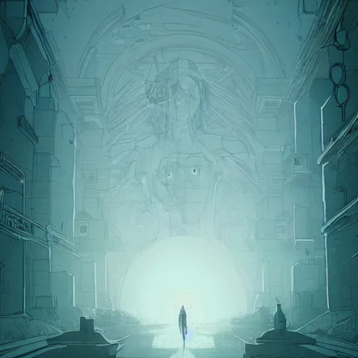 Image similar to a abandoned in temple, dystopian, ethereal lighting, night time, haze, josan gonzales