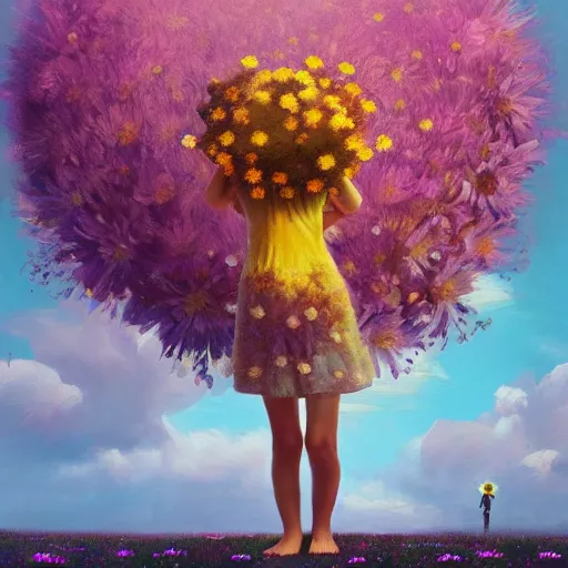Prompt: head made of giant daisies, girl standing barefoot in a vast flower field, surreal photography, sunrise dramatic light, impressionist painting, colorful clouds, large sky, digital painting, artstation, simon stalenhag, flower face