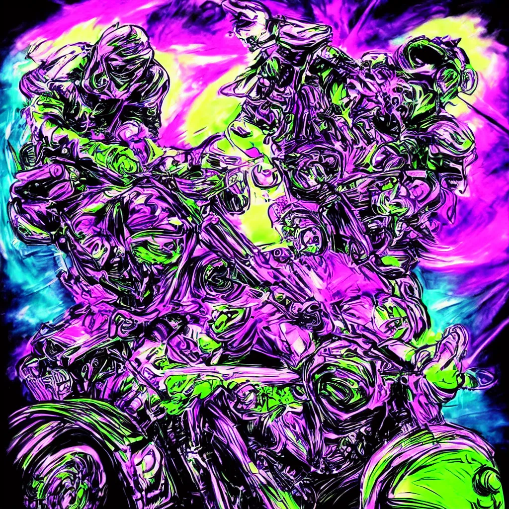 Image similar to psychedelic blacklight airbrush artwork, hyper stylized action shot of an orc biker riding a motorcycle, airbrushed on a black background