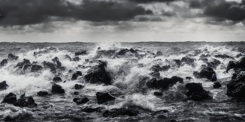 Image similar to hundred sharks seen from a rocky shore, waves, blood in the water, cinematic light