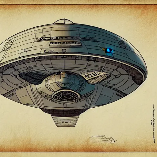 Image similar to design, starship enterprise from star trek, borders, lines, decorations, muted colors, by jean - baptiste monge