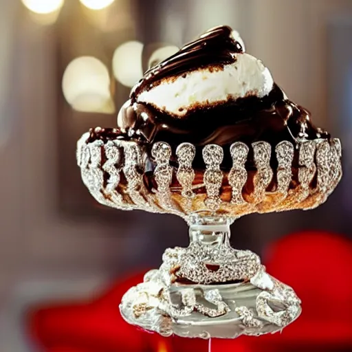 Image similar to an ice cream sundae made out of diamonds and chocolate, elegant and ornate,