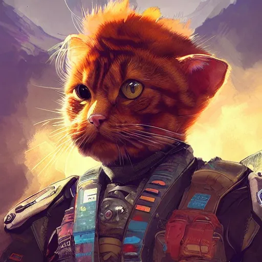 Prompt: ginger cat as apex legends character, digital illustration portrait design, by android jones and greg rutkowski, retrowave color scheme, detailed, cinematic lighting, wide angle action dynamic portrait