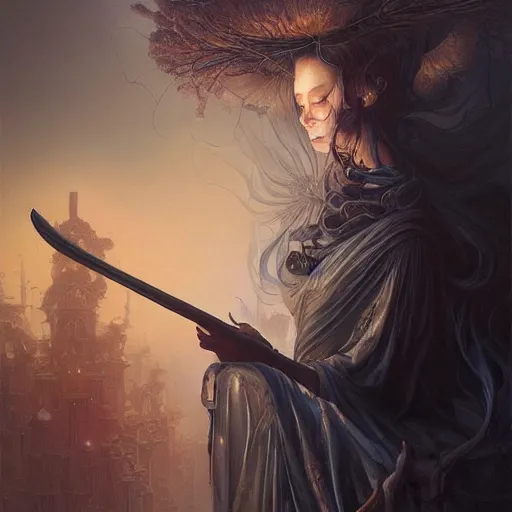 Prompt: Hyperrealistic beautiful detail matte 3d painting of a very beautiful priest with spear of darkness and dark smoke aura by ellen jewett, dan Mumford, beeple, Alex grey, monia merlo, Miho Hirano tomasz alen kopera and Justin Gerard