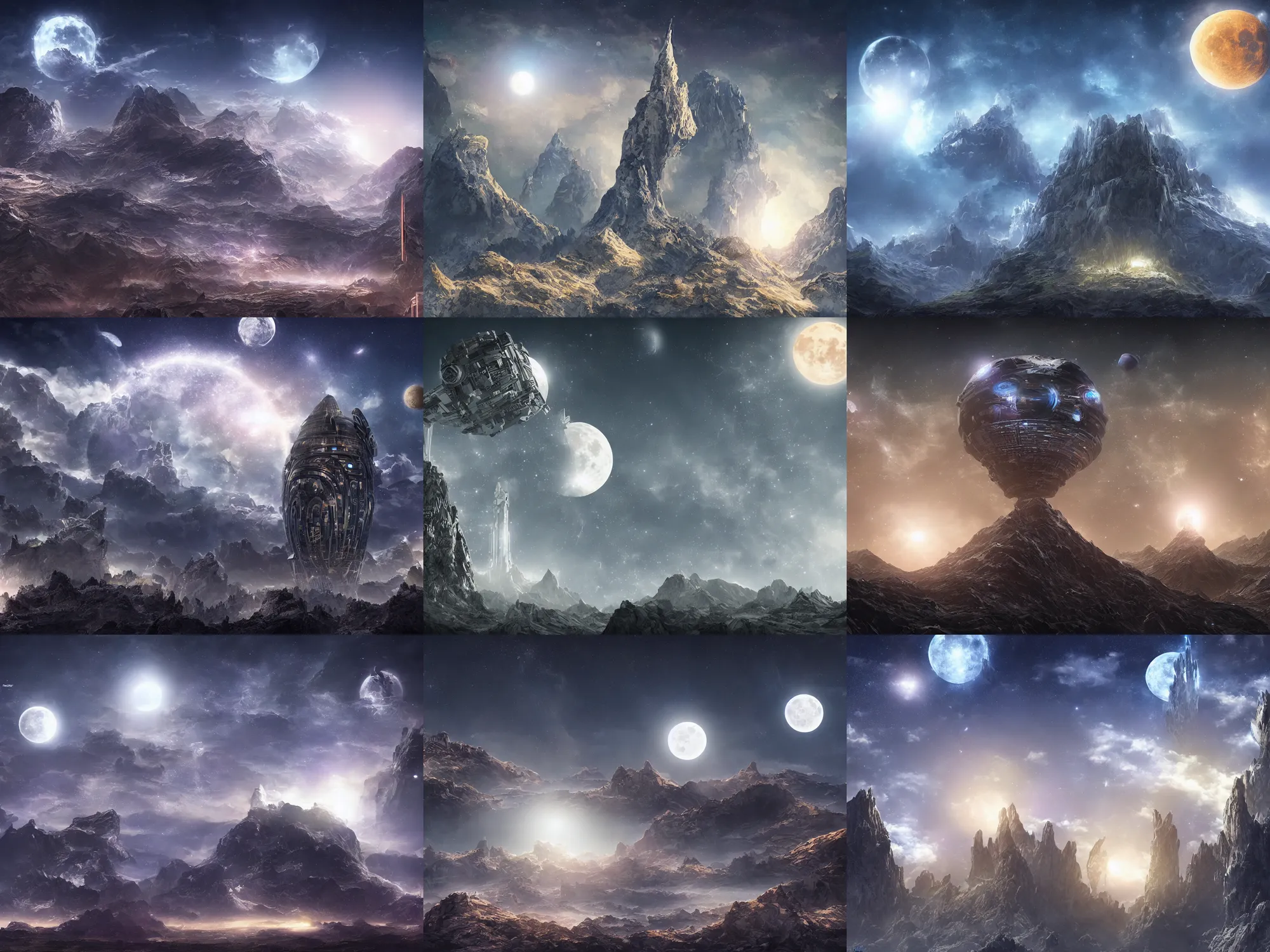 Prompt: super celestial tower, rising from mountain range, moon and stars background, complex and detailed sci fi concept digital art, trending