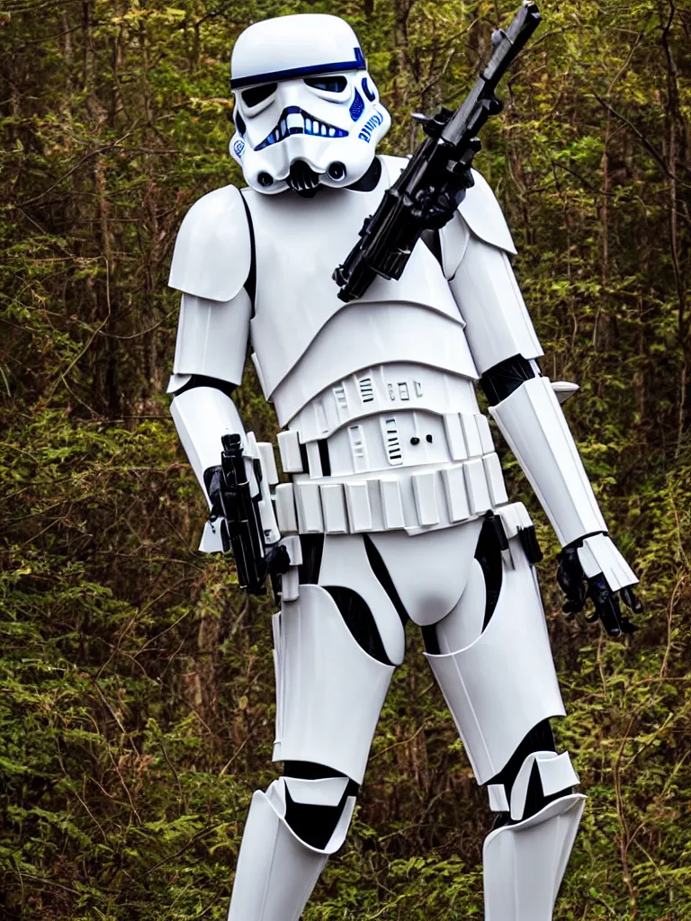 Image similar to “still of a stormtrooper with colors and markings of R2-D2, standing in the forest, golden hour, high quality, sigma 55mm, full body shot”