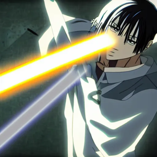 Prompt: Levi Ackerman using lightsabers to defeat a Titan, abime screenshot, Mappa studio, beautiful anime