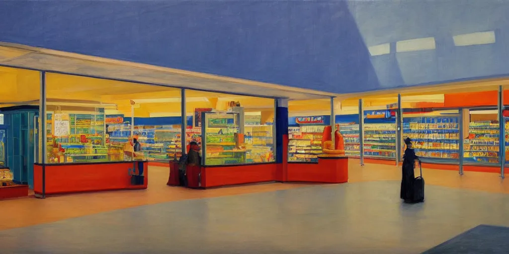 Image similar to a beautiful painting of a store inside of a futuristic airport by Edward Hopper, 8k, 4k