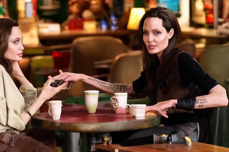 Image similar to Angelina Jolie and The Predator alien, best friends, drinking coffee at central perk, still photo, hyperrealistic, 35mm, 8k, by weta digital