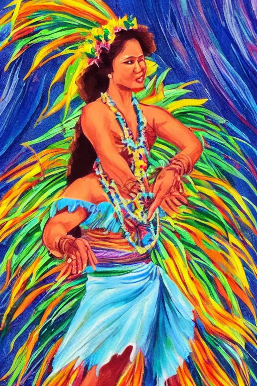 Prompt: authentic artwork of hawaiian hula dancer, high detail, beautiful background