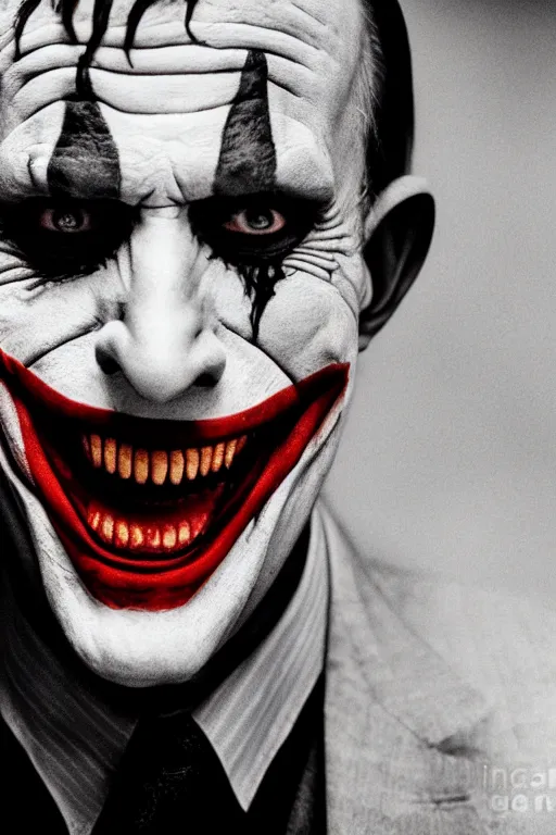 Prompt: Tony Abbott as the joker, portrait photograph, film grain