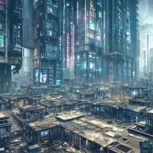 Image similar to photograph of a dystopian city, cyberpunk style, inspired by kowloon walled city, render, octane render, unreal engine, 4 k, dramatic composition