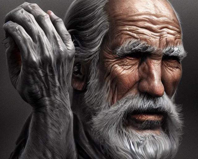 Prompt: old man 1 2 1 2 with rings on all his fingers, deep focus, d & d fantasy, intricate, elegant, highly detailed, digital painting, artstation