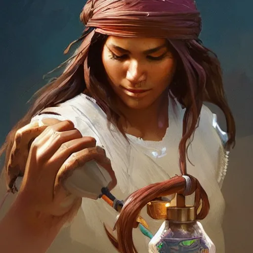 Image similar to Apache warrior preparing magic potion, highly detailed, digital painting, artstation, concept art, sharp focus, illustration, art by artgerm and greg rutkowski and alphonse mucha