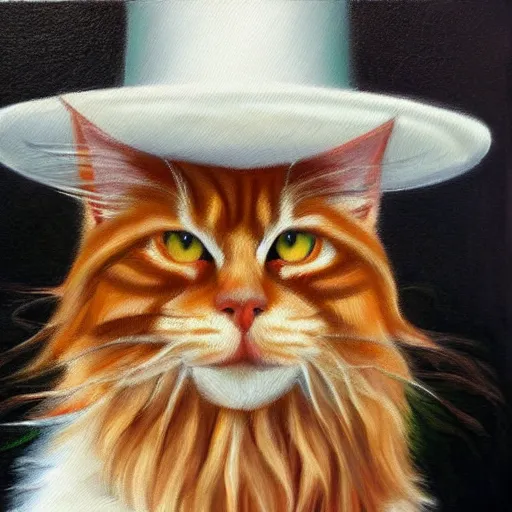 Image similar to Portrait Oil Painting, Ginger Ginger Ginger Maine-Coon with a white white white beard wearing a sombrero sombrero sombrero sombrero sombrero