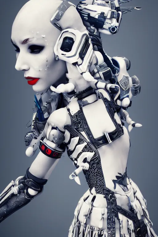 Image similar to white cyborg fashion shot, maasai punk warriors, fractal decorations, unreal engine, trending on artstation,