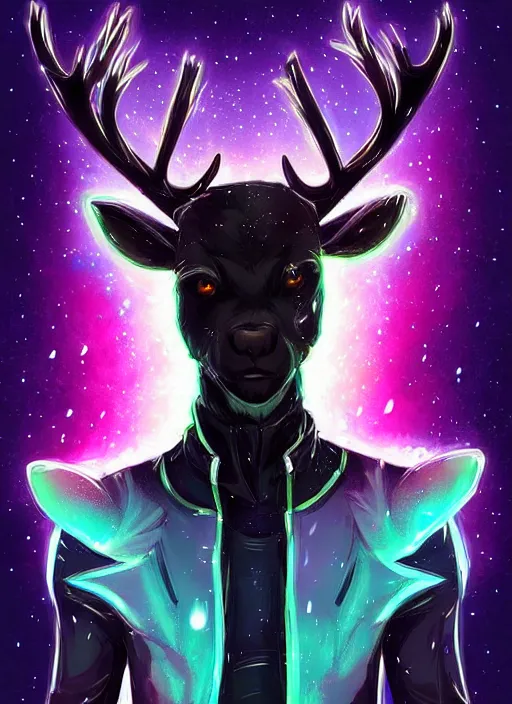 Image similar to award winning beautiful portrait commission of a male furry anthro Black Reindeer cyberpunk fursona with a tail, wings, wings, wings and a cute beautiful attractive detailed furry face wearing stylish black and rainbow galaxy clothes, outline, in a cyberpunk city at night while it rains. Character design by charlie bowater, ross tran, artgerm, and makoto shinkai, detailed, inked, western comic book art