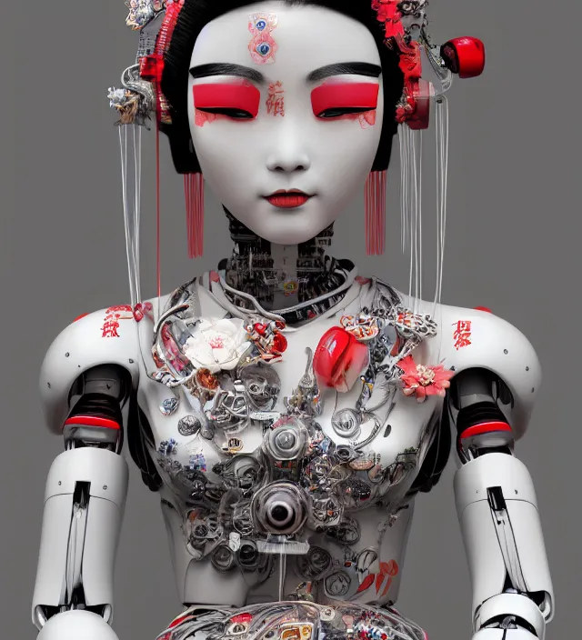 Image similar to portrait of a beautiful japanese robotic geisha with wires and actuators, kanji tattoos and decals, dramatic lighting, hyper - realistic, ultra - realistic, intricate details, japanese model, 8 k ultra high definition, octane render