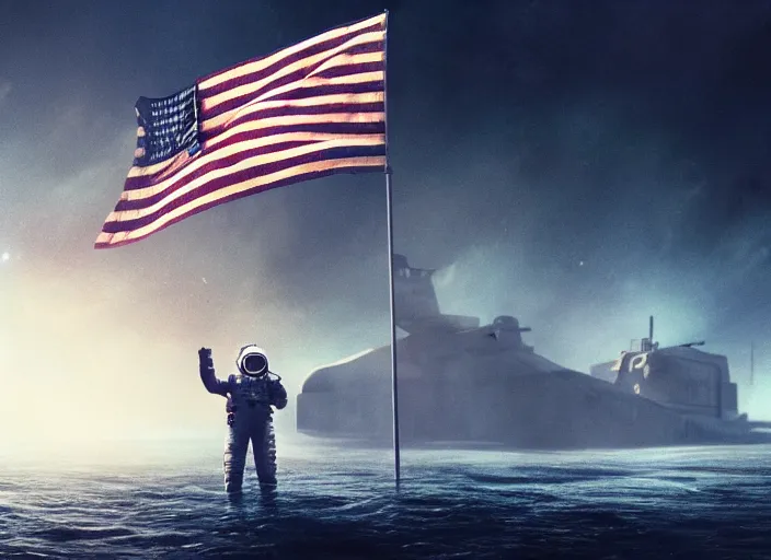 Image similar to astronaut holding a flag in an underwater desert. a submarine is visible in the distance. dark, concept art, cinematic, dramatic, atmospheric, 8 k, trending on artstation, blue, fish, low visibility, light rays, extremely coherent, bubbles, fog, ocean floor, christopher nolan, interstellar