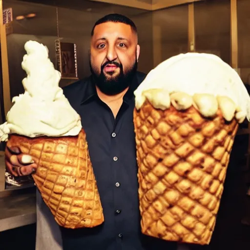 Prompt: DJ khaled holding huge ice cream cones and a pizza