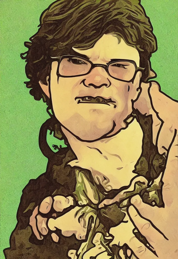 Prompt: yann lecun impersonated as shrek, in art style by alphonse mucha