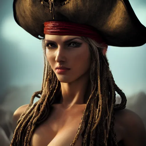 Image similar to full body pose, hyperrealistic photograph of a stunning pirate woman, dim volumetric lighting, 8 k, octane beautifully detailed render, extremely hyper detailed, intricate, epic composition, cinematic lighting, masterpiece, trending on artstation, very very detailed, stunning, hdr, smooth, sharp focus, high resolution, award, winning photo, dslr, 5 0 mm