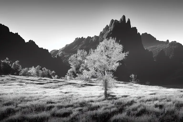 Prompt: a sublime black and white landscape photograph, a giant backlit monster in the distance, in the style of ansel adams, octane render 8 k