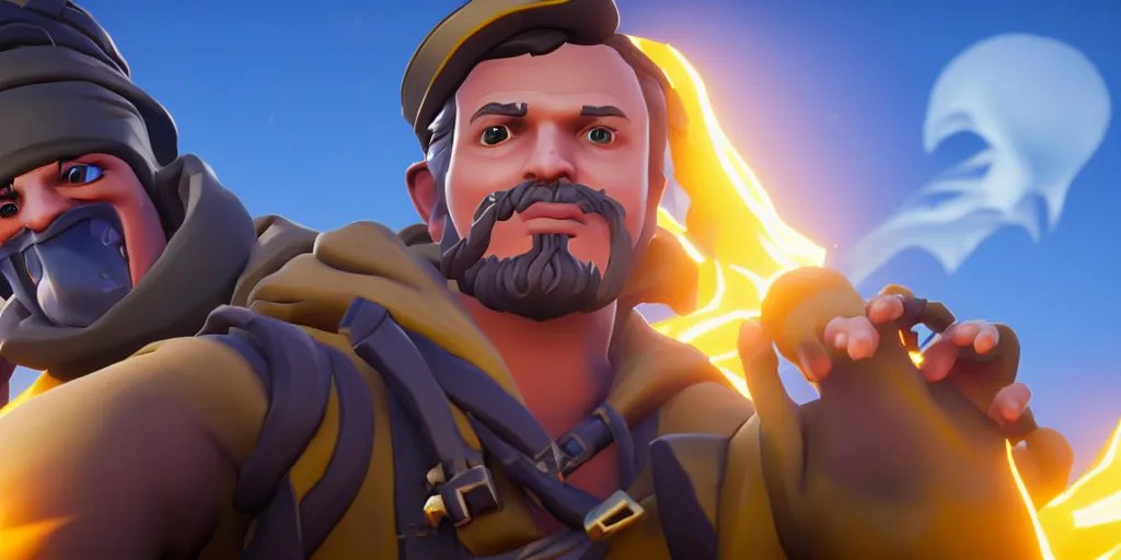 Image similar to selfie of a fortnite character in sea of thieves, sea of thieves screenshot, storm, unreal engine, digital art