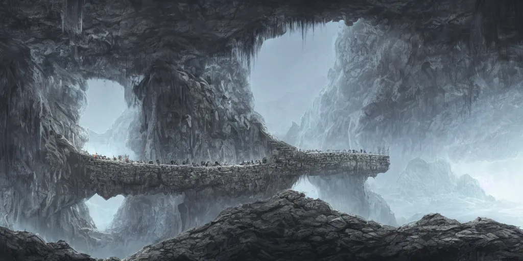 Prompt: a highly detailed matte painting of ancient stone bridge over deep chasm in sprawling caverns, dark, uhd, 8 k, concept art, trending on artstation