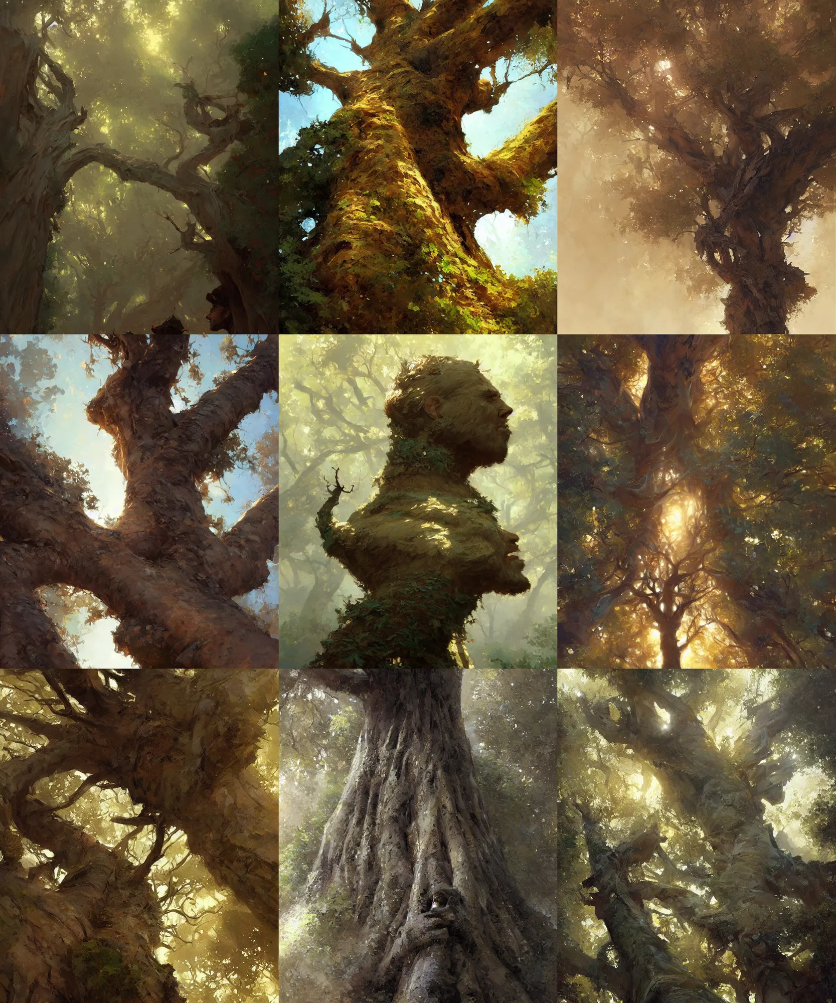Prompt: low angle view digital art painting of a tree painted by craig mullins and gaston bussiere and greg rutkowski, symmetrical face, defined facial features, symmetrical facial features, dramatic lighting