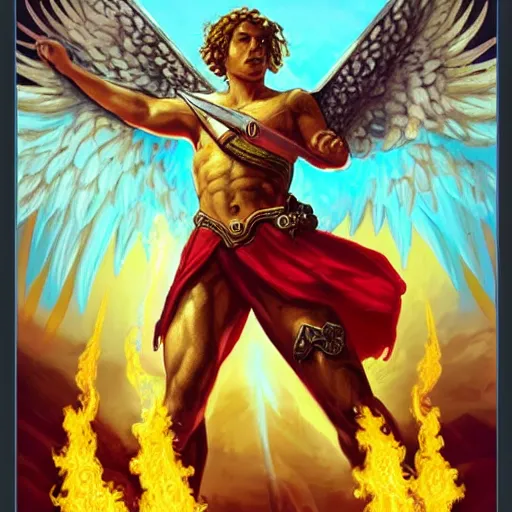 Prompt: biblically accurate angel, epic propaganda poster, holding a flaming sword, strength, health, confidence, in the style of magic the gathering cart art, hypermasculine, ancient soldier, flying in the sky