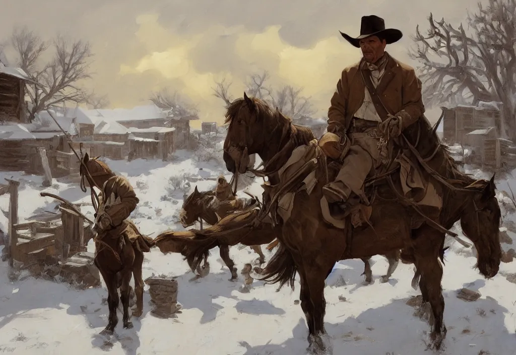 Prompt: greg manchess painting of a wild west abandoned town landscape in winter with no person nor horse in the painting only buildings in the year 1 8 5 0, nobody living there, snow storm, grey sky, painting, trending on artstation, by huang guangjian and gil elvgren and sachin teng