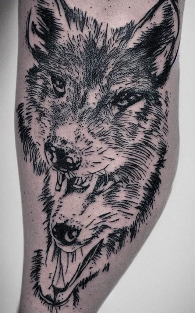 Image similar to old school flash tattoo of a stretched wolf with menacing eyes