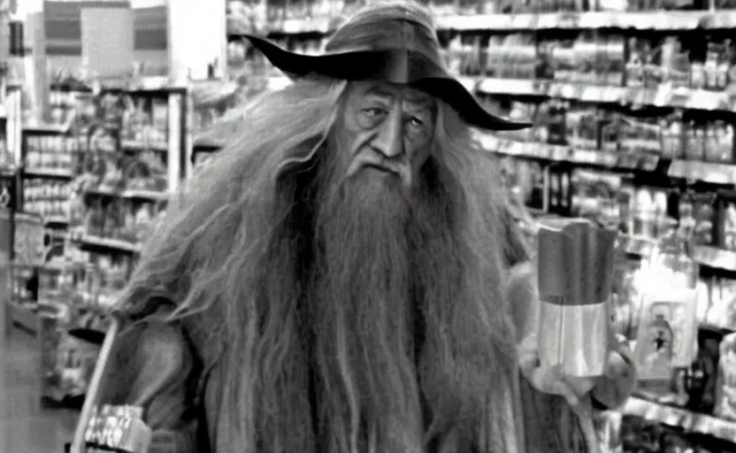 Image similar to security cam vhs footage of gandalf caught drunk stumbling around walmart,